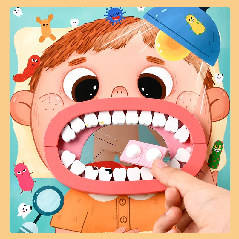 Wooden Dental Doctor Toy Simulation Tooth Kit Toodler Early Educational Inject Pretend Role Play Game Cognitive Medical Care Set