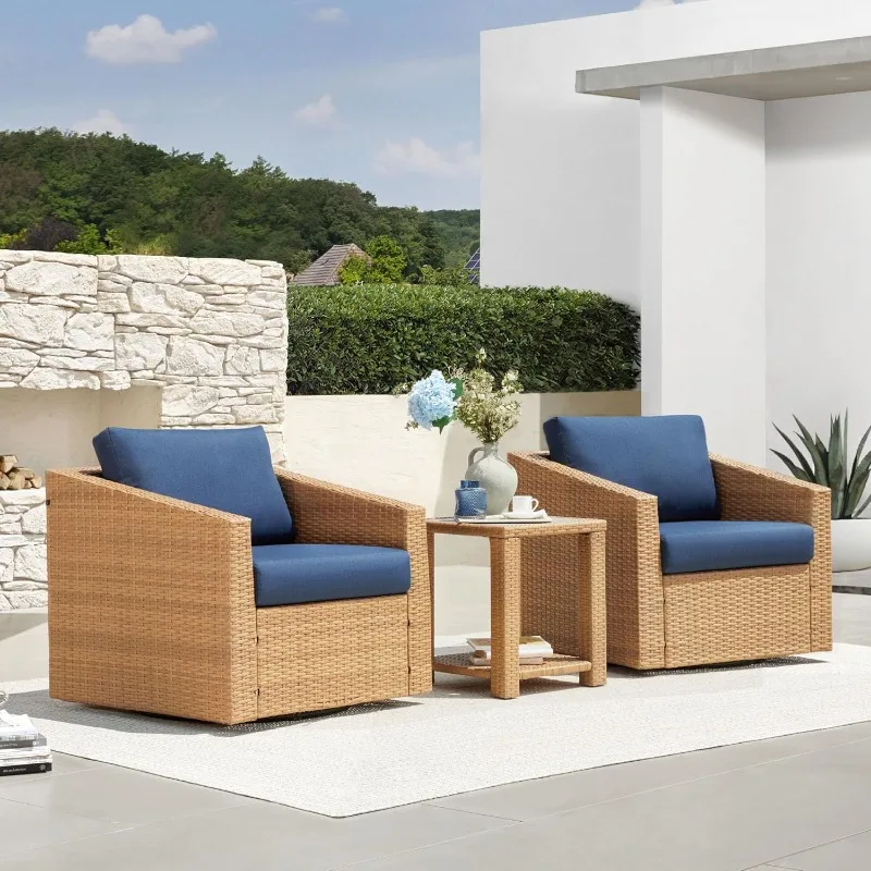 3 Pieces Wicker Patio Bistro Set, Outdoor Furniture Set with 2 Pieces Rattan Swivel Chairs, Thickened Cushions and Side Table