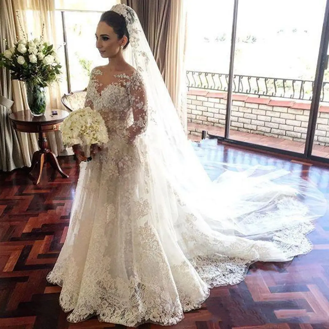 Customized Sheer Long Sleeves Mermaid Wedding Dress Two Pieces Appliques Lace Stunning Aso Ebi Bridal Gowns