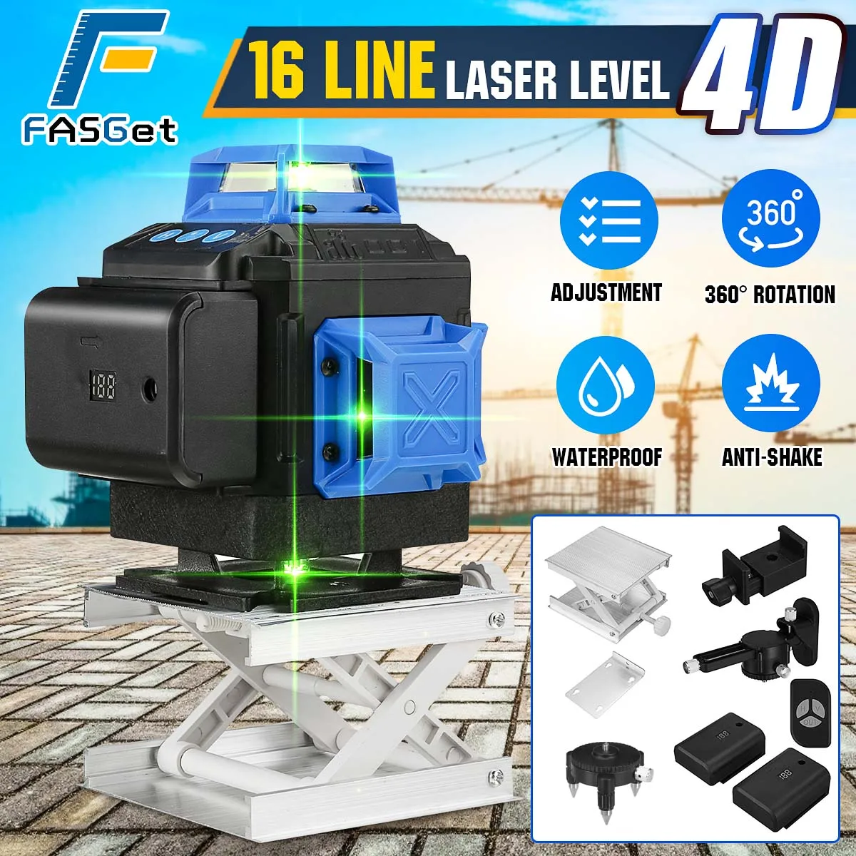 16 Lines 4D Laser Level Green Line Self-Leveling 360 Horizontal And Vertical Super Powerful Green Laser Level With 2 Battery