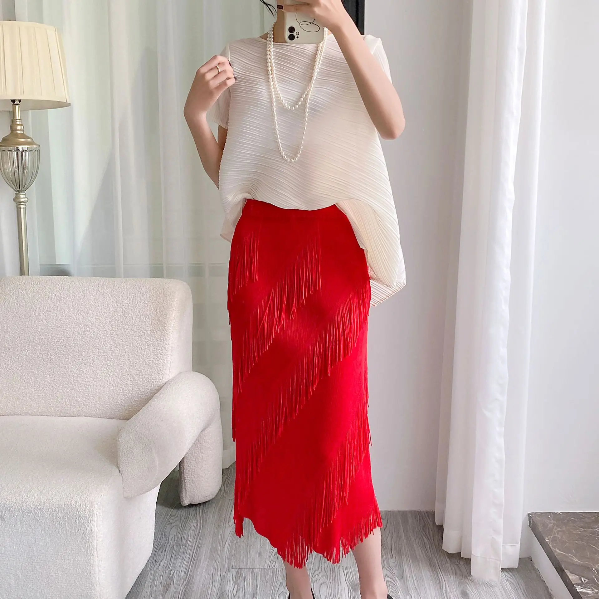 Miyake Pleated Women's Casual Fringed Skirt 2026 New Japanese Design Solid Color Simple Elegant Versatile Irregular Skirt