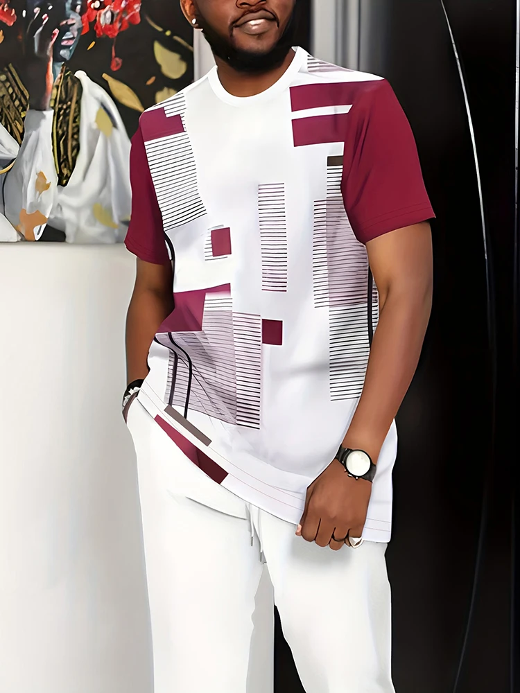 African Men's Large Size Two-piece Set Splicing Printing Round Neck Short Sleeve T Shirt Set Fashion Casual Shorts Running Suit