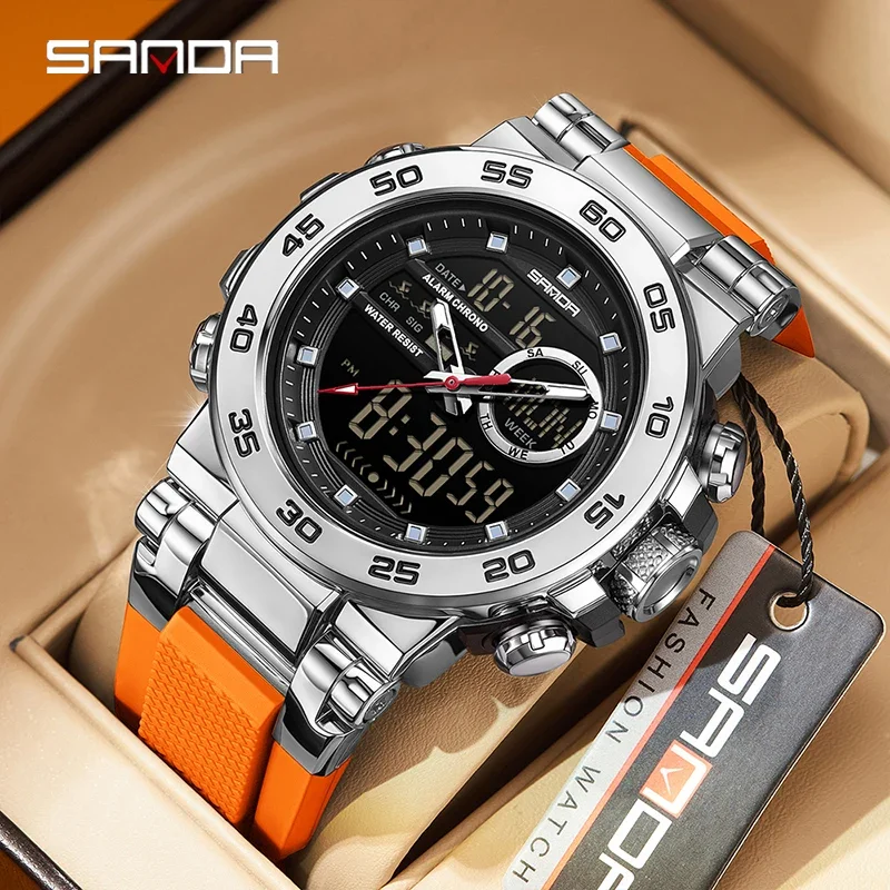 

SANDA LED Luxury Men Watch Luminous Dual Time Display Digital Week Date Man Clock Alarm Electronic Men's Watches Quartz Reloj