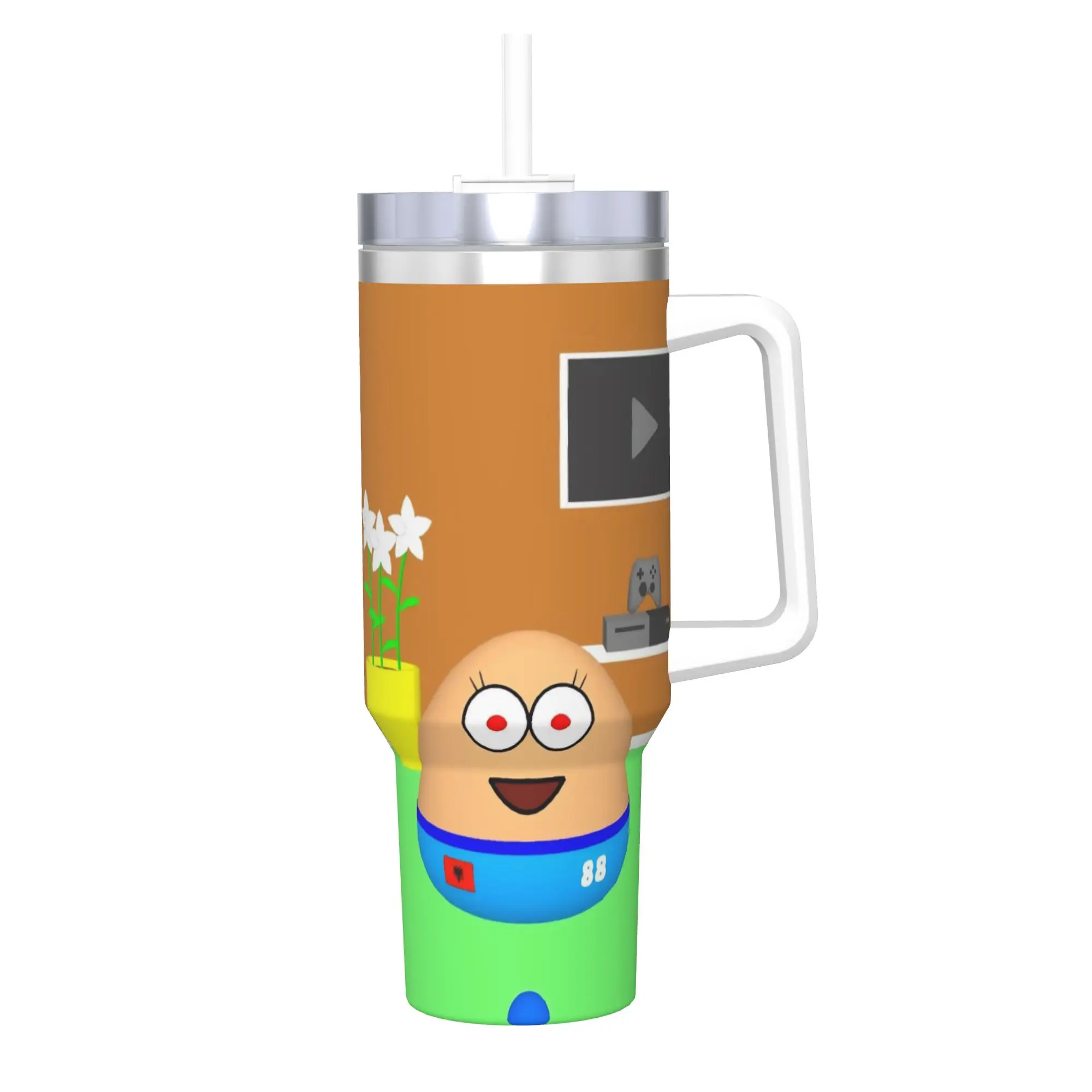 My Pet Alien Pou Tumbler With Straw  Stainless Steel Travel Mug Double Wall Vacuum Insulated for Cold Or Hot 40oz