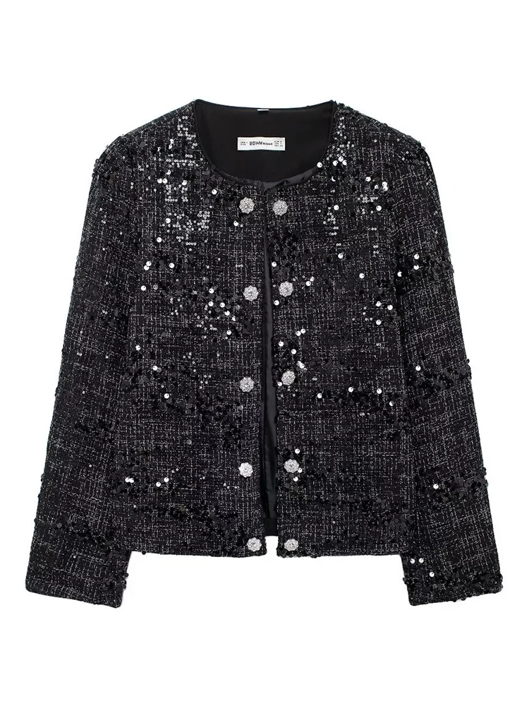 European and American style new women\'s clothing fashion personality sequined woolen diamond button jacket loose double-breasted