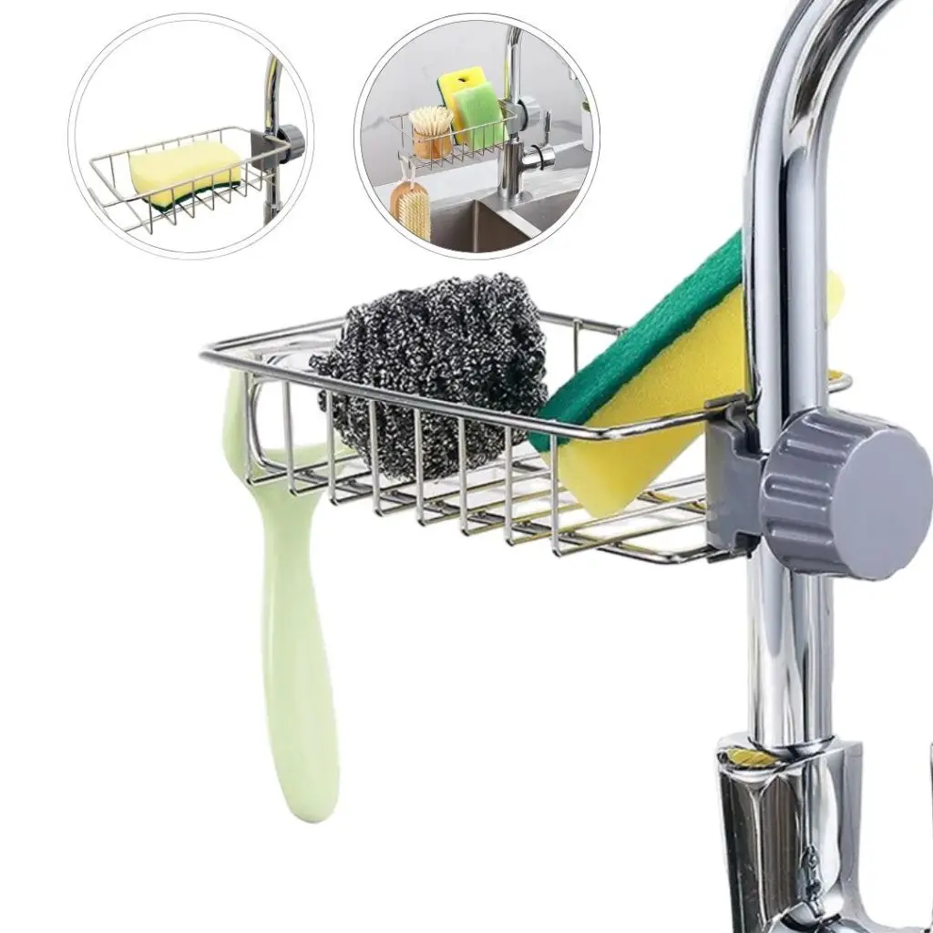 Shelf Adjustable Stainless Steel Sponge Holder Organizer Sink Faucet Detergent