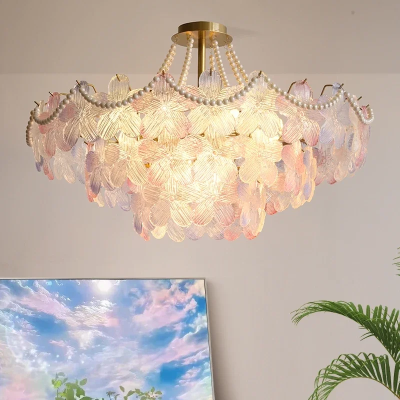 Nordic Floral Glass Chandelier, Minimalist Pastel Pendant Light, Elegant Bedroom Living Room Lighting, Simple Home Decor Lamp