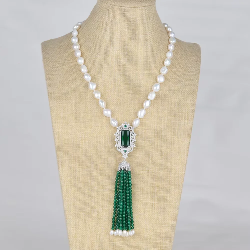 

22" White Baroque Pearl Green Agates Gems Stone Necklace CZ Pendant