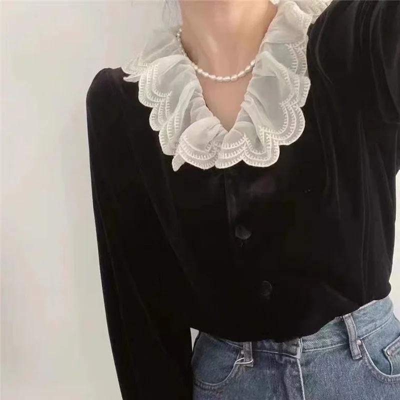 Shirts Women Lace Patchwork Fashion Design Winter V-neck All-match Leisure Ins Elegant Aesthetic Camisas Mujer Harajuku College