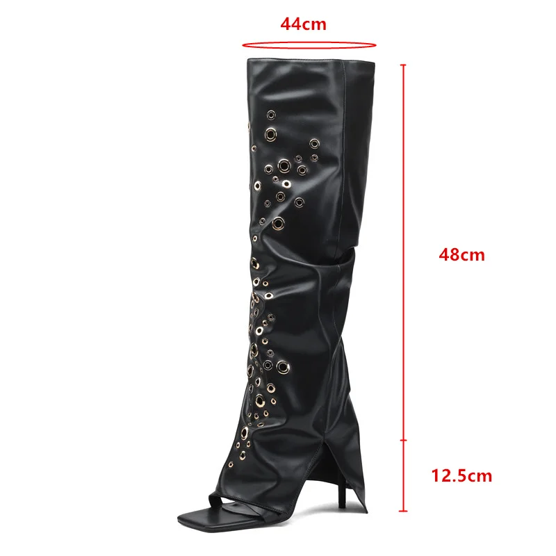 Aucegi Spring Summer Women Knee High Boots Fashion Zippers Elegant Square Toe Thin Heel Manual Made Party Shoes Big Size 34-43