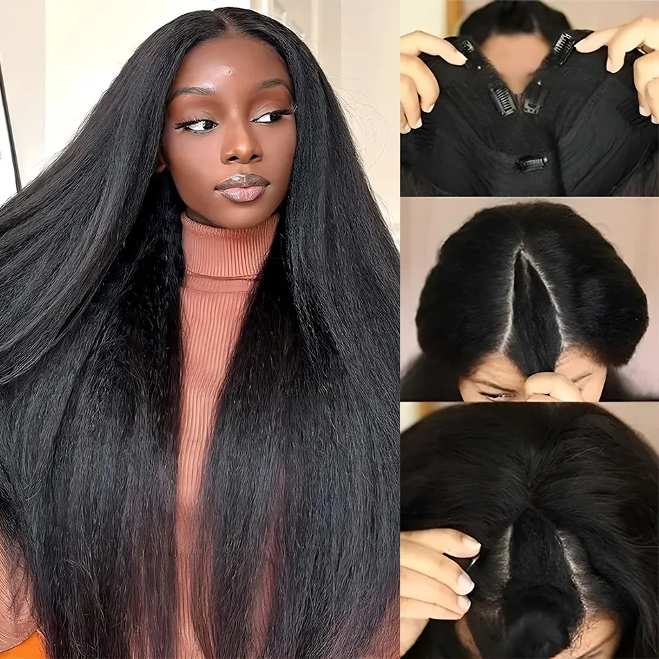 

250% Плотность Натуральный Цвет Кудрявый Прямой V-образный Парик из Человеческих Волос Remy Без Листьев Машинного Сделано Обновление Бесклеевые Парики Волос