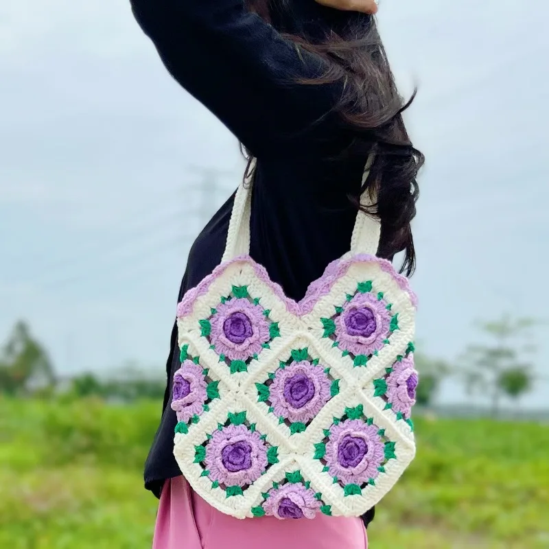 Hand‑Knitted Rose Shoulder Bag, Retro Sweet Camellia Flower Woven Handmade Purse For Women