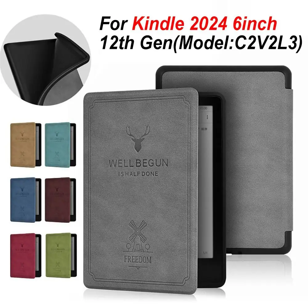 

6-дюймовый чехол для электронного чтения с принтом лося из искусственной кожи с автоматическим режимом сна/пробуждения, противоударный чехол с защитой от царапин для Kindle 2024 12-го поколения