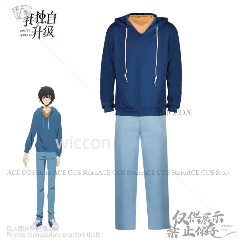 

NewSung Jin Woo Cosplay Anime Solo Level Up Alone Leveling Costume Blue Uniform Top Pants Wigs For Halloween Party Man Cos Expo