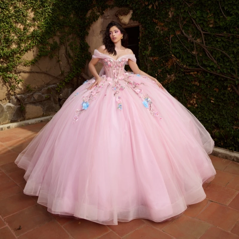 

Pink Princess Sweet 16 Dress Quinceanera Dresses Applique Flower Beading Crystal Tull Party Birthday Vestidos 15 De Anos