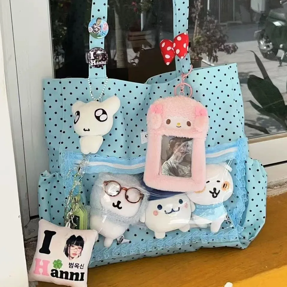 New Y2k Cute Ita Bag Girls Transparent Tote Bag Fashionable Large Capacity Polka Dot Canvas Shoulder Bag Casual Commuter Handbag