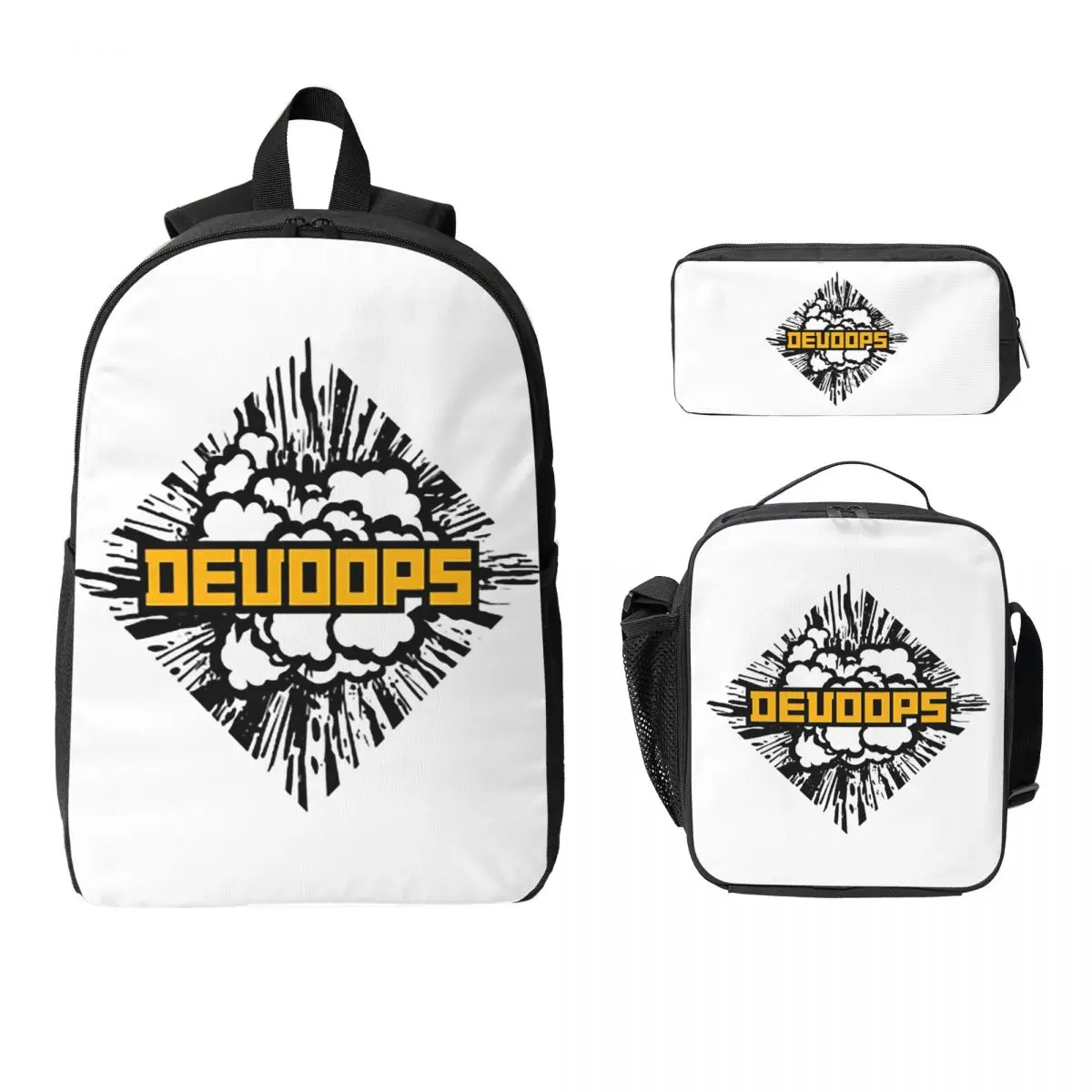 

DevOops DevOps Забавный рюкзак с наклейками Devopps для мальчиков и девочек, школьная сумка, сумки на плечо, 3 шт., изолированная сумка для обеда, пенал