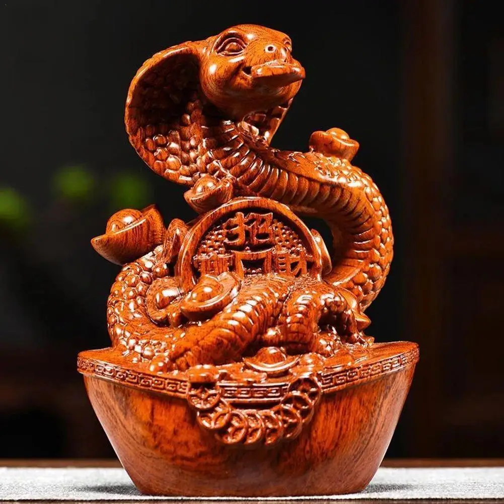 Red Wood Snake Ornament Solid Wood Carving Wooden Mascot Decorative Mahogany Crafts