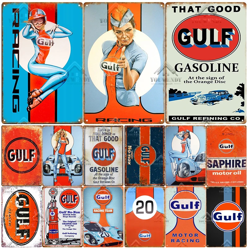 Shabby Chic, Gulf Racing, Vintage Metal Tin Signs, Metal Plaque Sign Retro Garage Wall Decor Plate Gas Station Decoration, UW53