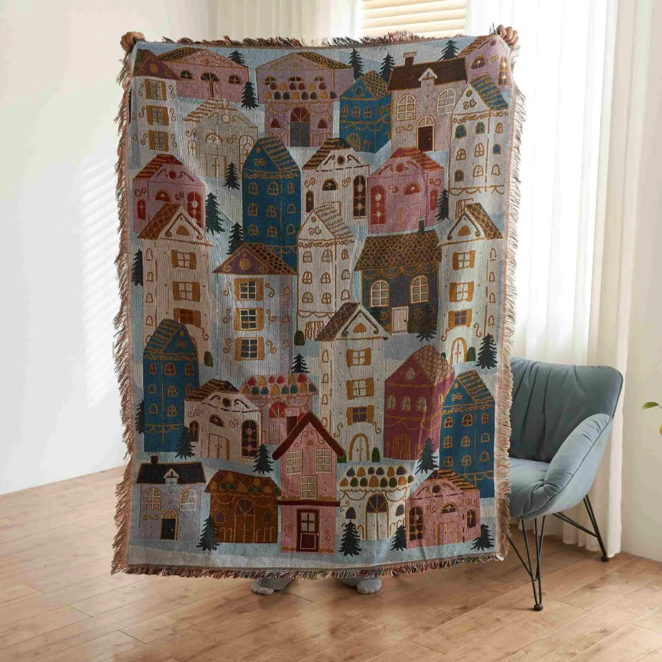 

Textile City Whimsical Town Fringed Throw Blanket Colorful Cottage House Pattern Tapestry Perfect for Adding Cozy Artistic Charm