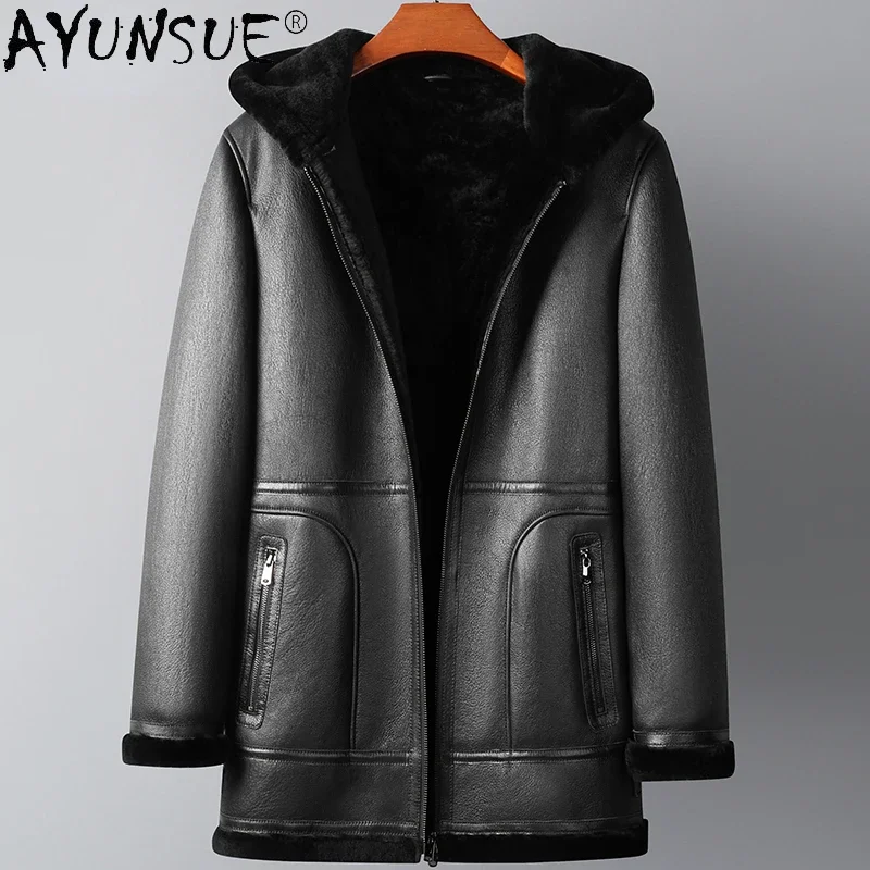 Ayunsue inverno jaqueta de couro genuíno dos homens natural ovelha shearling casaco de pele negócios casual quente masculino jaqueta de couro chaquetas lq