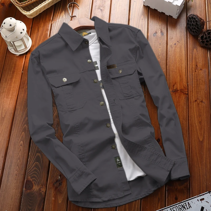 Spring and Autumn Men's Long sleeved Shirt Outdoor Leisure Cycling Sports Solid Color Flip Collar Top Retro Fashion Men's Coat