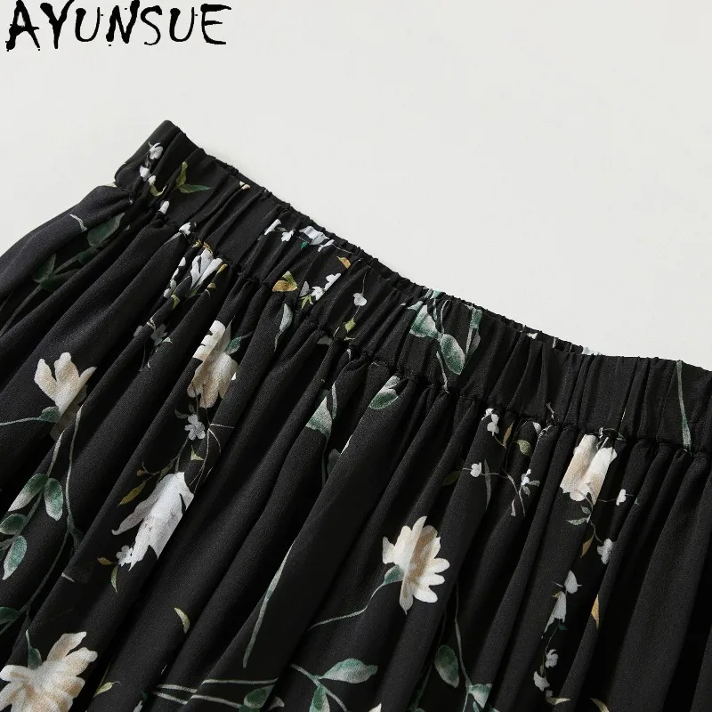 AYUNSUE Double Crepe Silk Women's Skirts French Floral Skirts for Women A-line Black Skirt Summer Clothes for Woman Юбка Женская