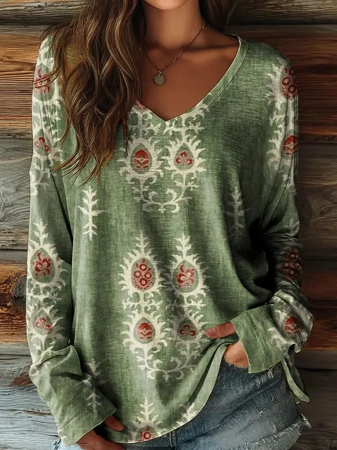 

Vintage Women's T-Shirt Floral Graphic Plants Elegant Fashion Tee Long Sleeve T-shirts V-Neck Regular Tops Pullover Fall Winter