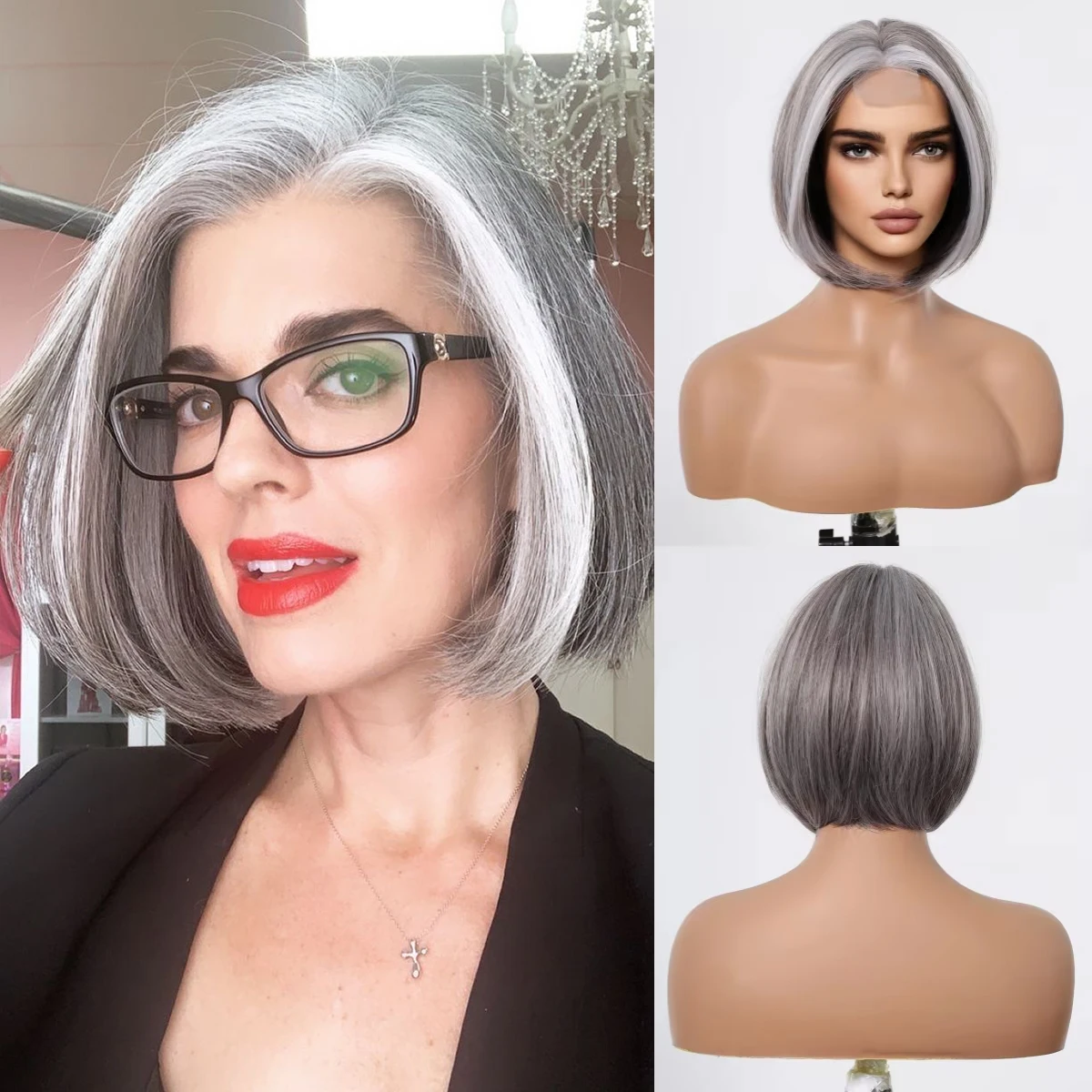 

Short Straight Bob Wigs For Women Cosplay Grey Wigs With White Highlights Natural Lace Hairline Synthetic Wig Heat Resistant Wig