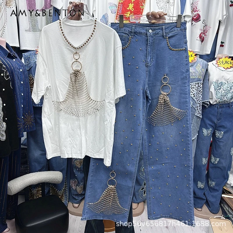 

American Style Mesh Panel White Short-sleeves T-shirt Top + Blue Trendy High-waisted Wide-leg Pants Two-piece Set Outfits Female