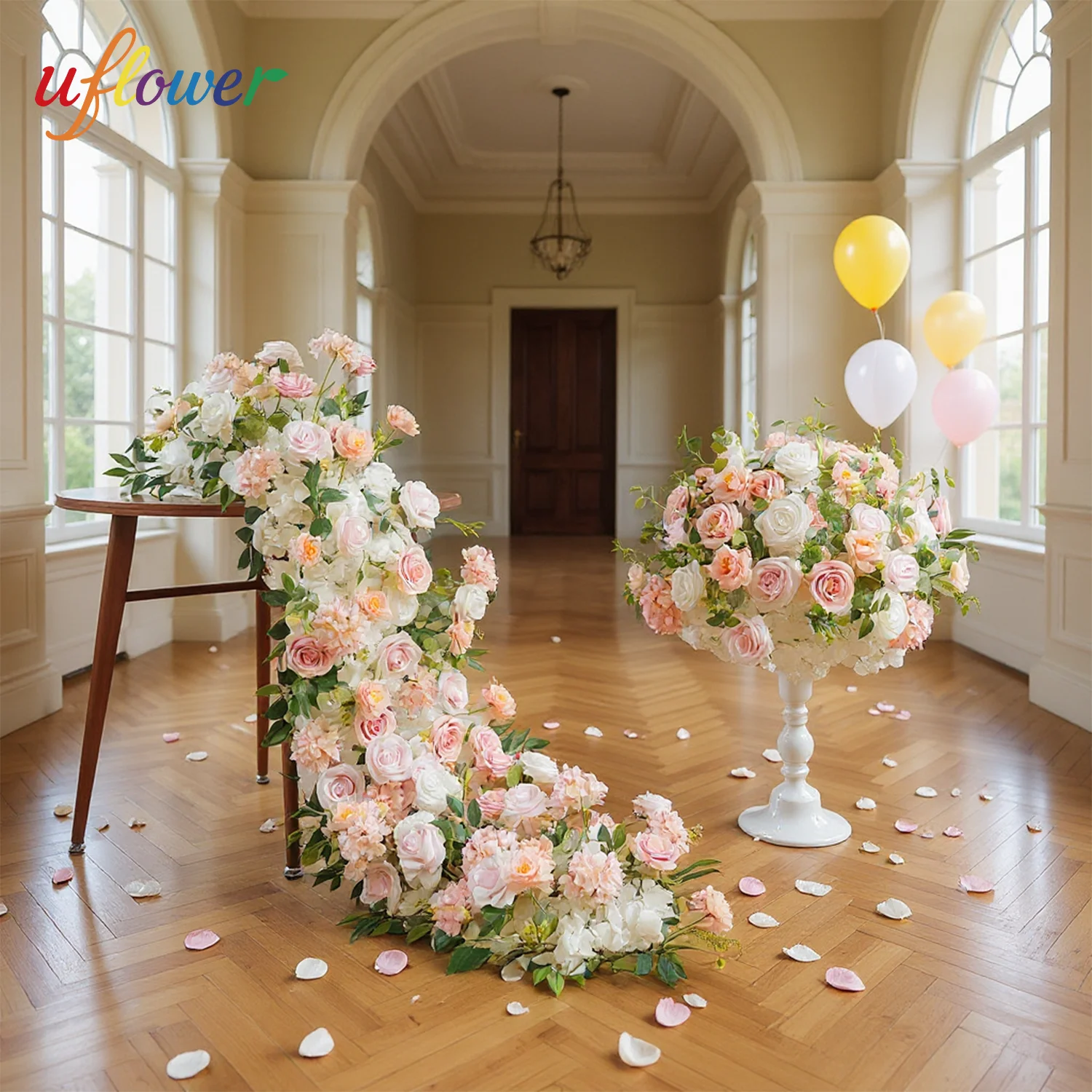 

Uflower Pink Rose Greenery Artificial Flowers Row Runner Table Centerpiece Flower Ball Wedding Arrangement Event Backdrop Decor