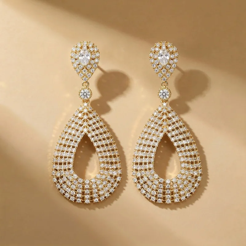 

Sparkling Full Pave CZ Diamond Waterdrop Earrings Big Openwork Lattice Design Long Dangle Earrings Elegant Party Accessories