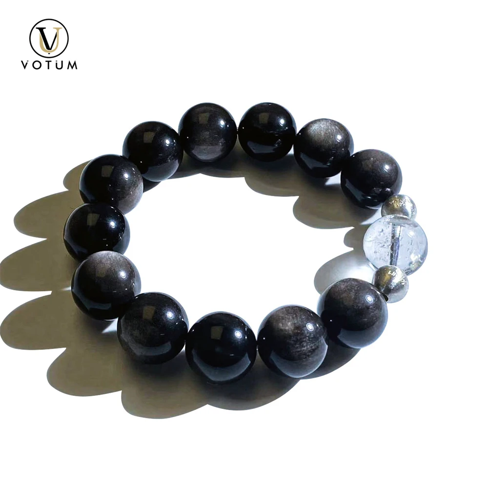 

Votum 14mm Natural Silvery Obsidian Clear Quartz Beaded Bracelet for Women Chakra Healing Gift for Man Handmade Jewelry