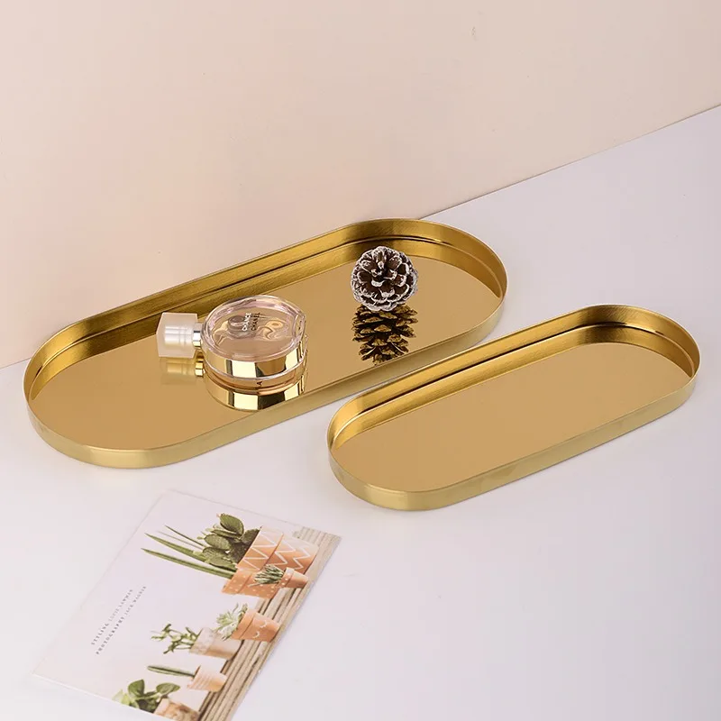 Stainless Steel Storage Tray Golden Oval  Light Luxury Jewelry Cosmetic Storage Plate Swing Home Decoration