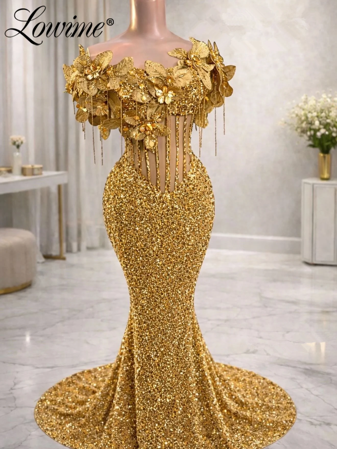 

Золотые платья-русалки 2026 года для выпускного вечера, расшитые бисером, стразами и 3D-цветами, для африканских свадеб, вечеринок, гала-вечеров, дней рождения, вечерние наряды, индивидуальный пошив