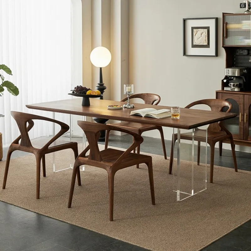 

Nordic simple black walnut acrylic suspended solid wood dining table and chair combination large board workbench household