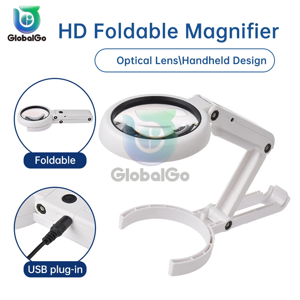 5X/11X Handheld Magnifier with LED Light and Stand USB Powered Illuminated Magnifying Glass for Electronics Repair Hobby Tool