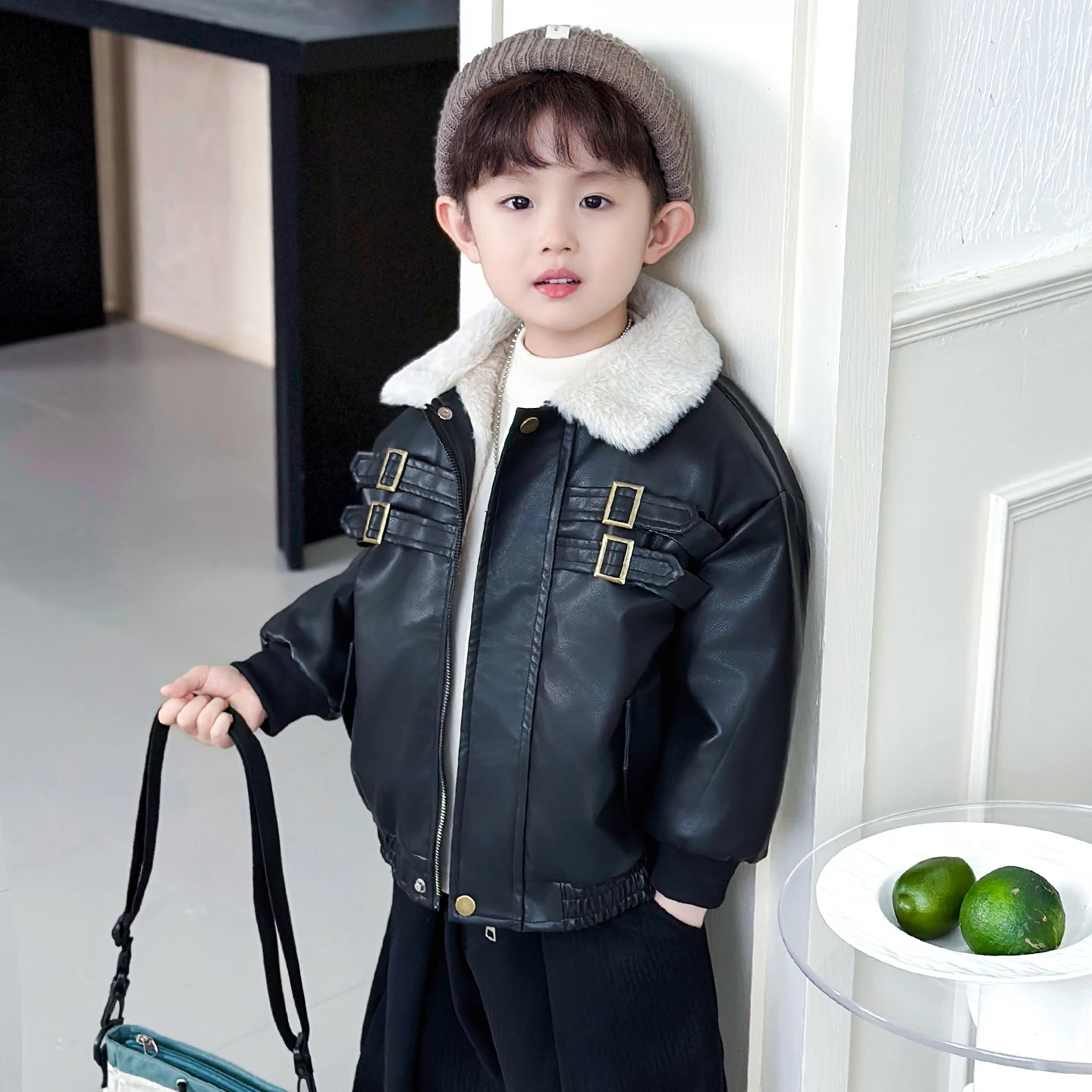 

Thiened Fce Lined Boys Leather Jaet Children's Winter Clothes Sli Haome Baby Coat Waterproof Long Sve Zipper