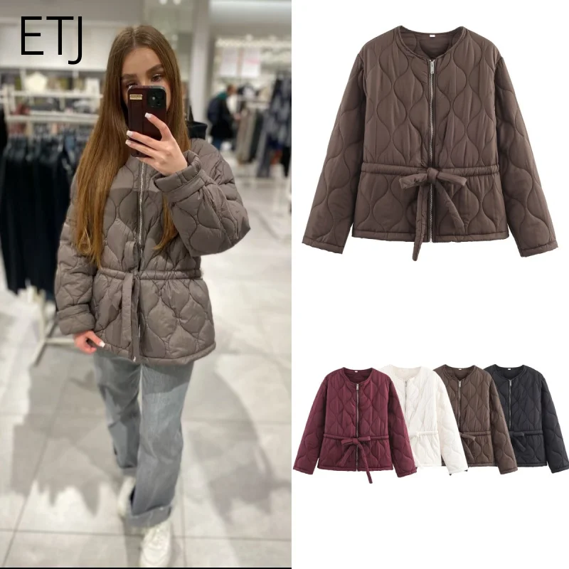 

ETJ 2025 Autumn/winter new product drawstring waist long sleeve zipper warm quilted round neck jacket commuter jacket