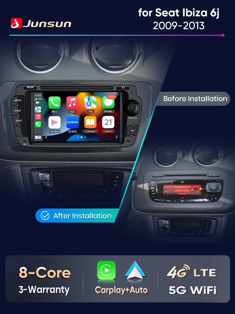 Junsun Wireless CarPlay voor Apple Android Auto autoradio voor Seat Ibiza 6j 2009-2013 GPS 4G RDS BT Multimedia Stereo Touchscreen - afbeelding 2