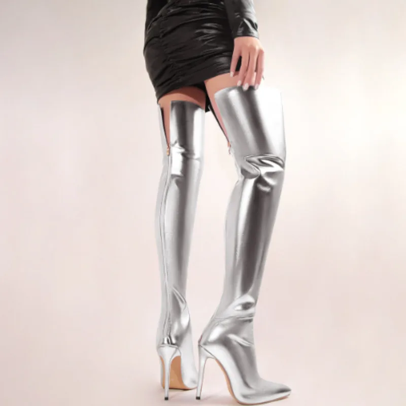 

Thigh-high Boots High Heels Patent Leather Pointed Toe Long Boots Female Nightclub Silver Gold Over-the-knee Boots