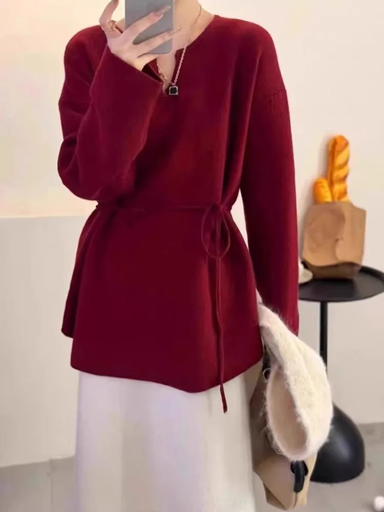 

Удобный свитер с поясом, закрывающий пояс, дизайн, цветной вязаный длинный све, винтажный антивозрастной корейский слей