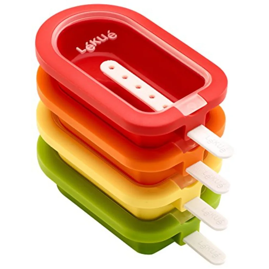 

Lékué Set of 4 Stackable Popsicle Molds + Sticks and Lids Homemade Freezer Ice Pops and Frozen Snacks Flexible Platinum Silicon