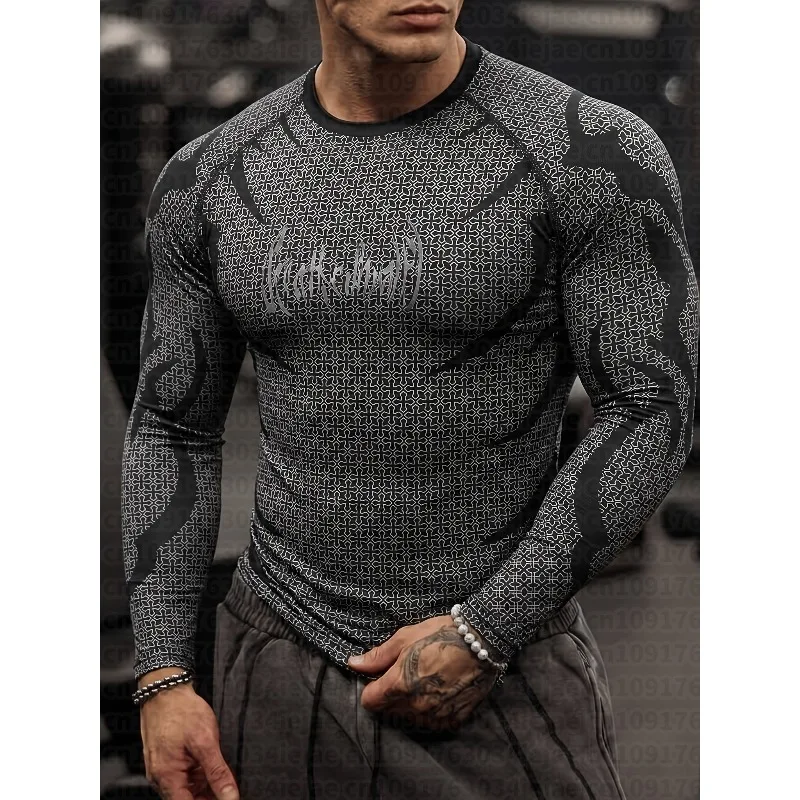 Men Kid Mock Neck Fitness Long Sleeve Top Geometric Texture Jagged Gothic Letter Print Workout Training Base Layer