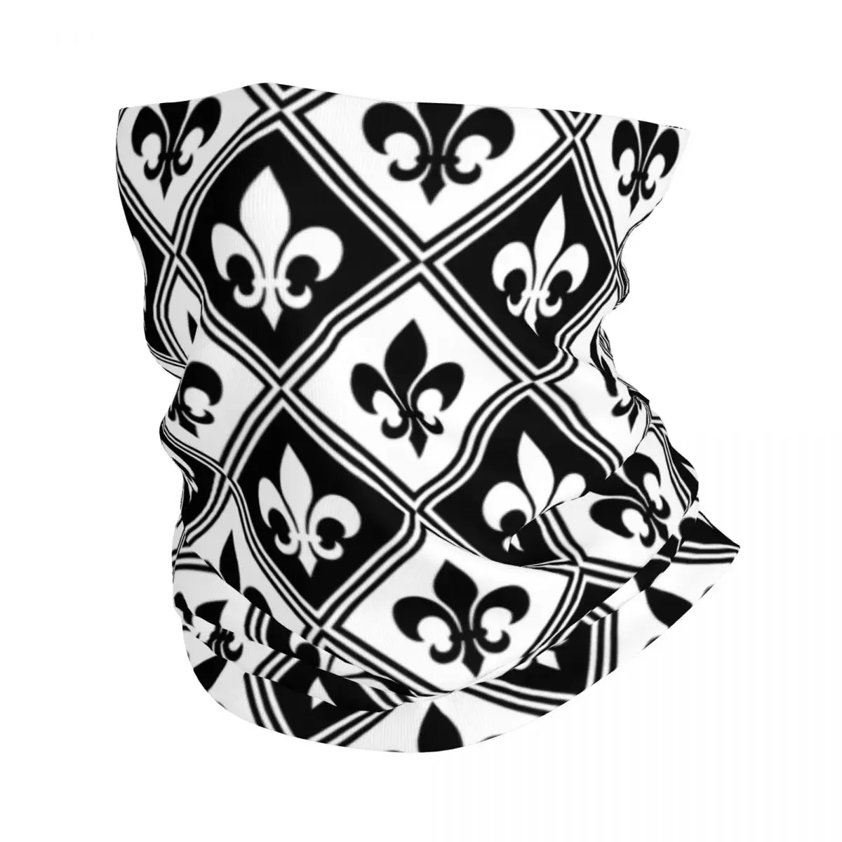 Black Fleur De Lis And Diamond Pattern Bandana Neck Warmer Winter Ski Tube Scarf Gaiter Fleur-De-Lys Lily Floral Face Cover