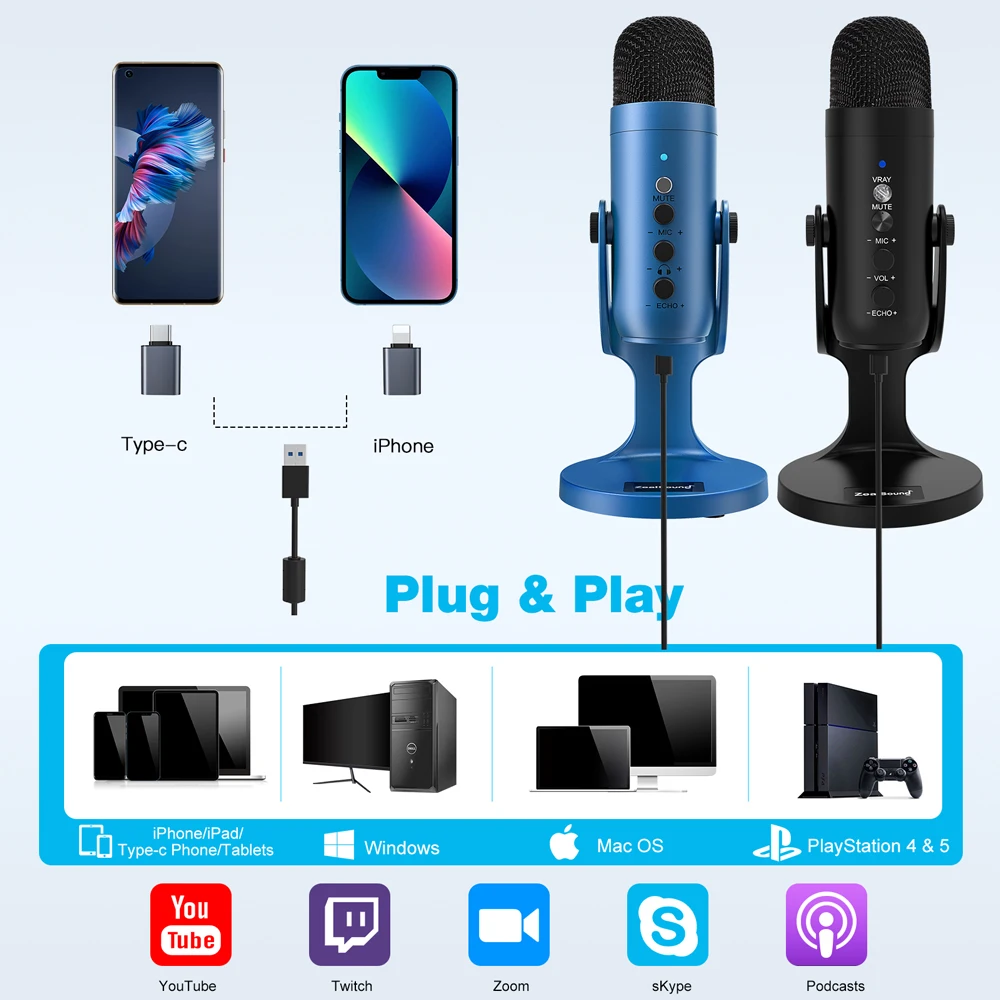 Zealsound K66 USB Microphone Phone Adapter Lightning/Type C Adapters For IPhone Android Smartphone