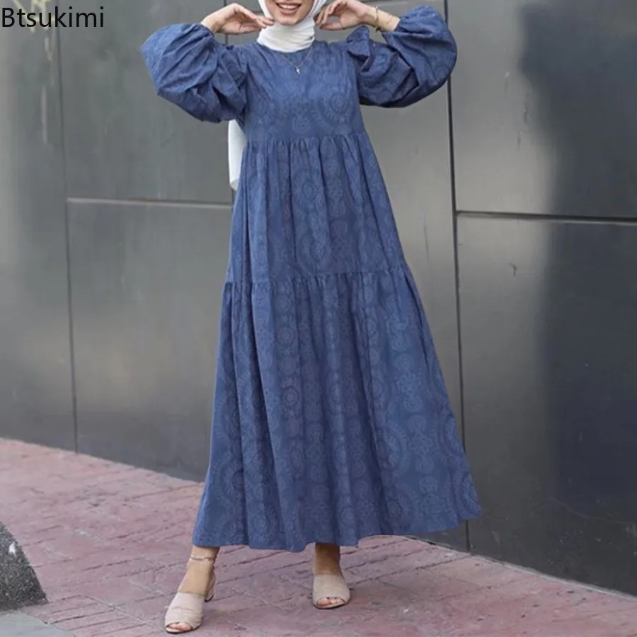 Muslim Fashion Abayas for Women Temperament Elegant O-neck Long-sleeved Printed Dresses Arab Saudi Kaftan Modest Robes Vestidos