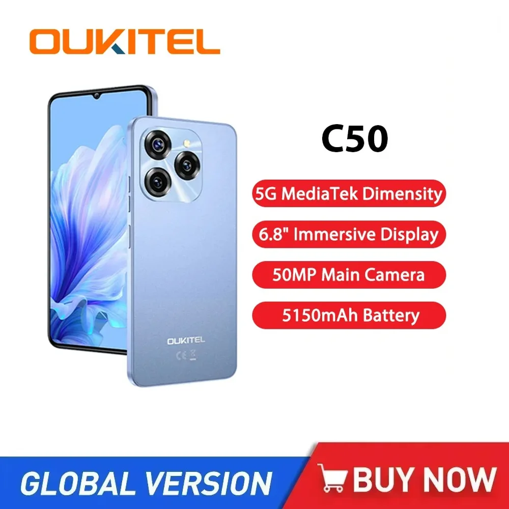 هاتف ذكي Oukitel C50 5G يعمل بنظام أندرويد 14 بشاشة 6.8 بوصة عالية الدقة على شكل قطرة الماء بقدرة 5150 مللي أمبير في الساعة 8 جيجابايت + 128 جيجابايت هاتف محمول بكاميرا 50 ميجابكسل + 5 ميجابكسل