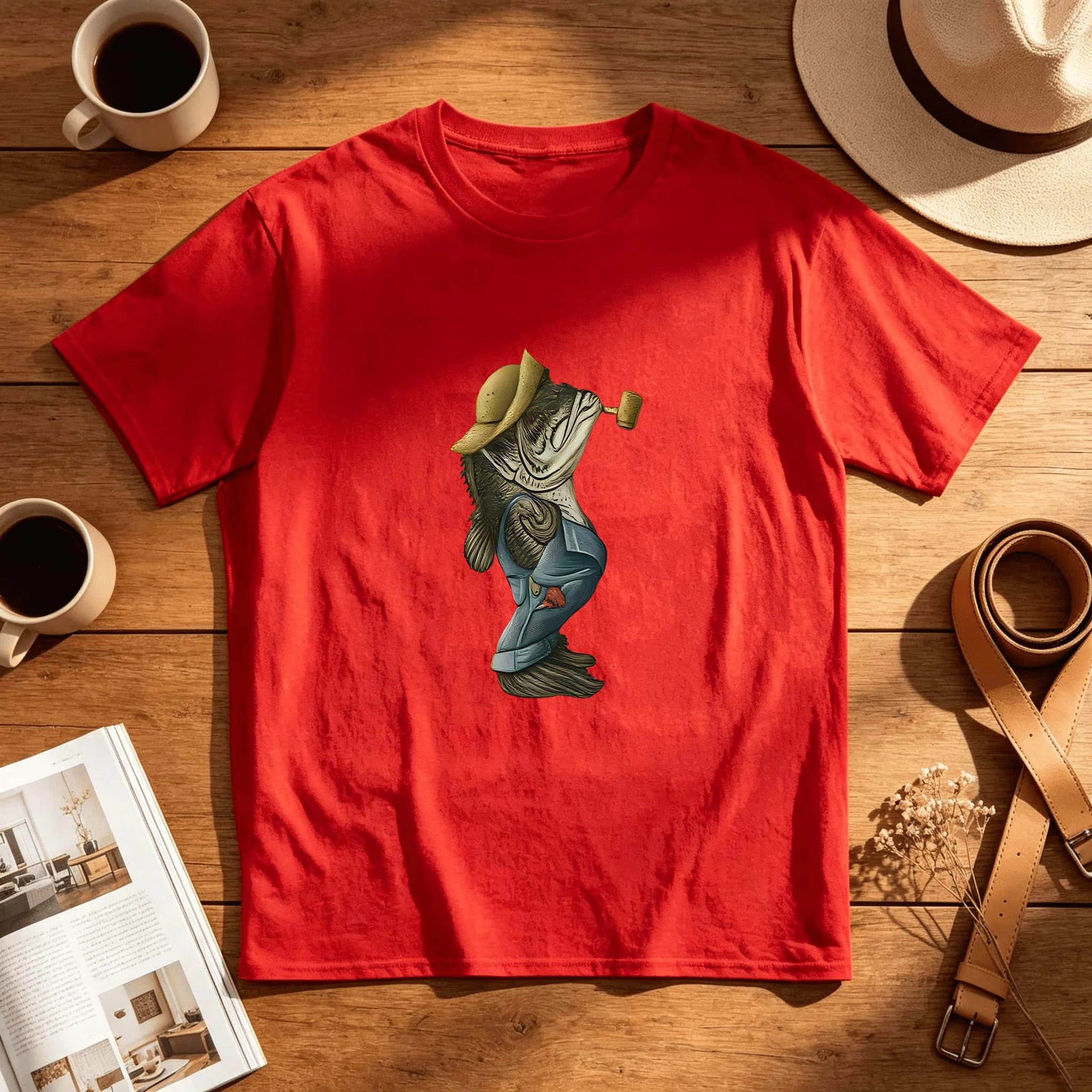 Cowboy Riding Giant Spotted Trout Artwork Oversized Loose Fit Crewneck Tee