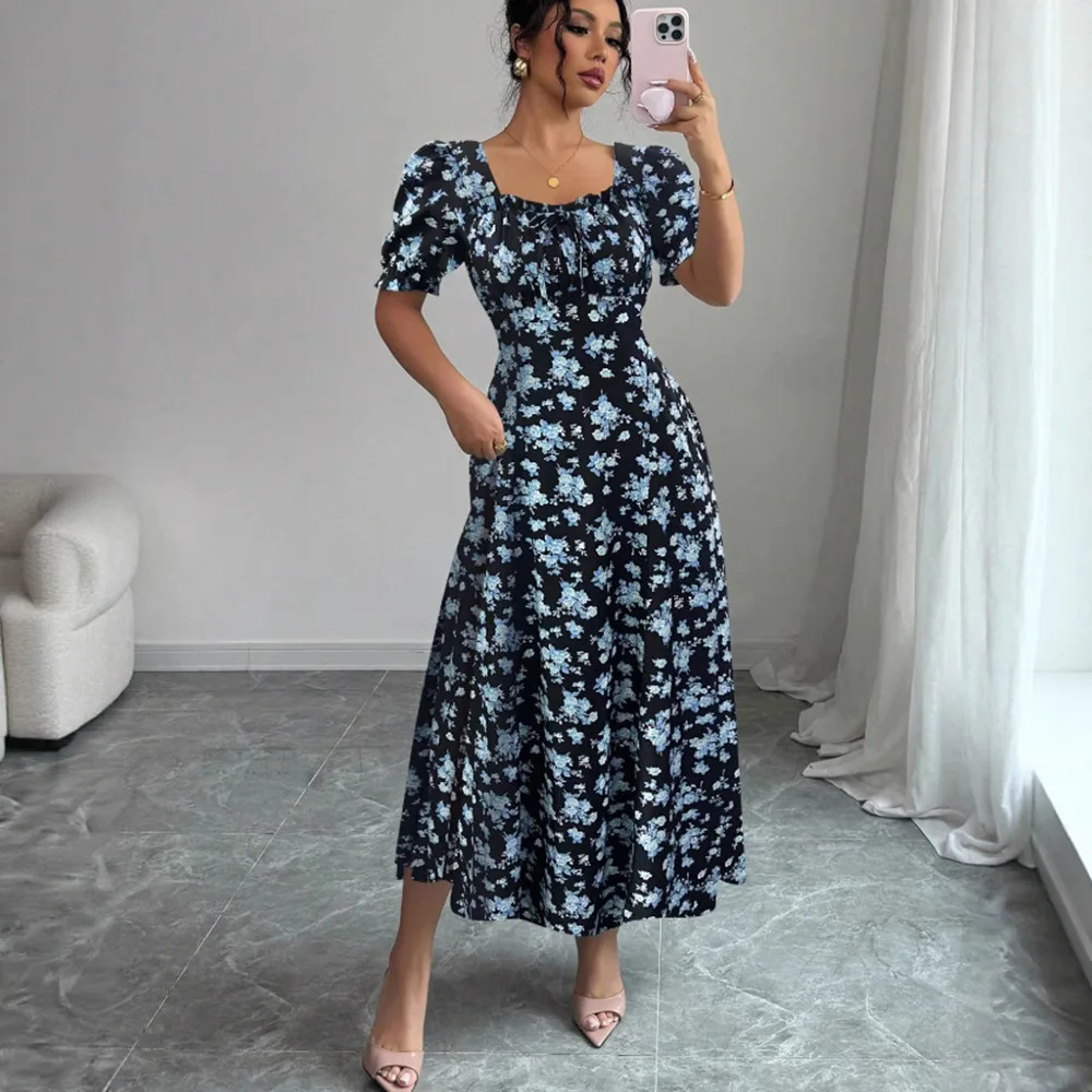 فستان نسائي مطبوع بأكمام منتفخة بقصة ضيقة وياقة مربعة فساتين طويلة مكشكشة أنيقة للسيدات فساتين على شكل حرف A غير رسمية 2025